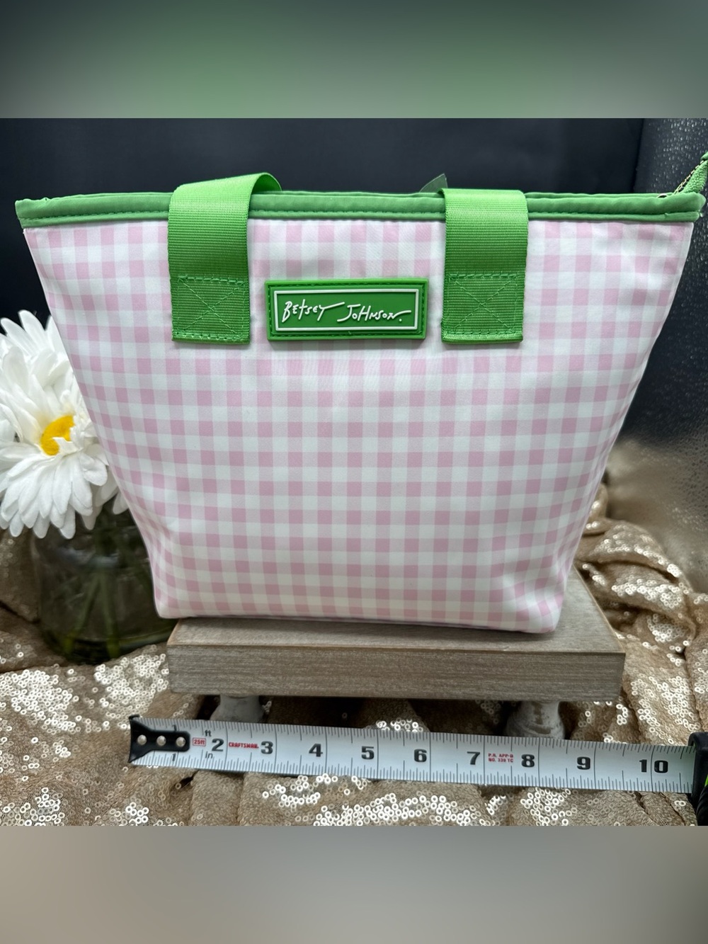 Betsey Johnson Pink Gingham Insulated Lunch Tote with Green Trim